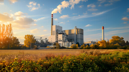 Fototapeta na wymiar Biomass power plant surrounded by fields of crops and forests