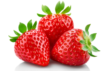 Three juicy strawberries isolated on a white background.