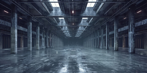empty warehouse with steel beams and concrete columns, empty industrial room banner design