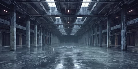 Fotobehang empty warehouse with steel beams and concrete columns, empty industrial room banner design © Planetz