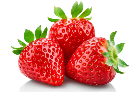 Three juicy strawberries isolated on a white background.