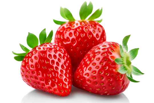 Three juicy strawberries isolated on a white background.