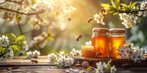 Jars of honey alongside a honeycomb piece resting on a rustic wooden table, surrounded by blooming white flowers in sunlight. - obrazy, fototapety, plakaty