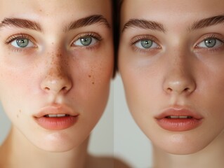Two close-up faces of a young woman showing a serene beauty and subtle differences