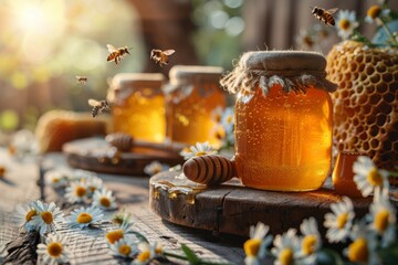 Honey jars and honeycomb on a wooden table amidst flowers - obrazy, fototapety, plakaty