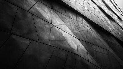 Monochrome image capturing the abstract and geometric patterns of a modern building's concrete facade.
