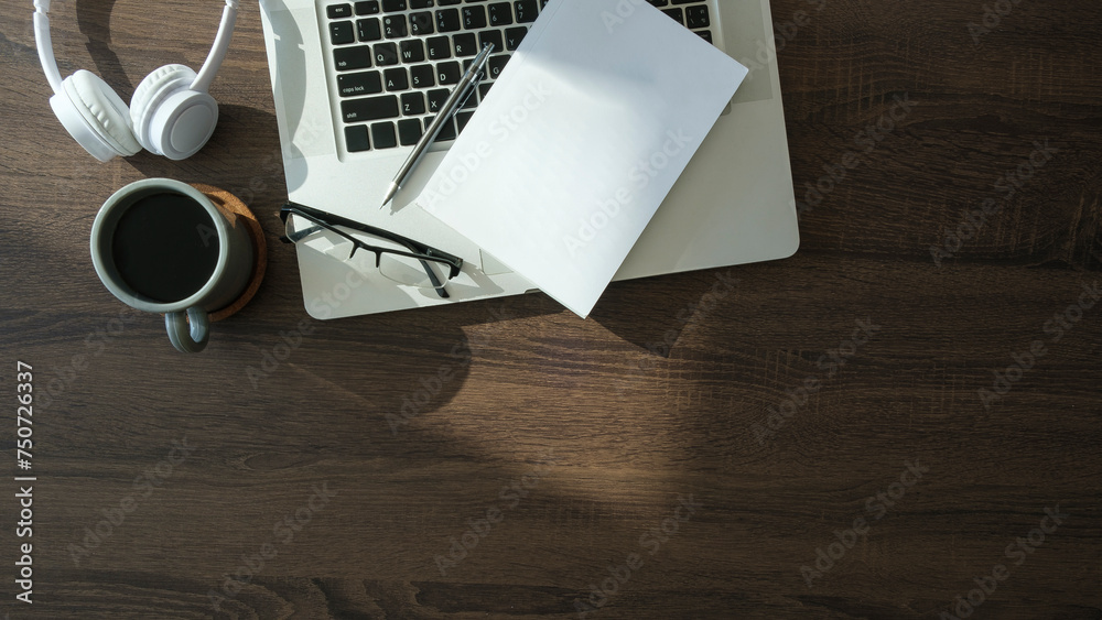 Canvas Prints flat lay laptop computer, coffee cup and stationery on table with copy space.