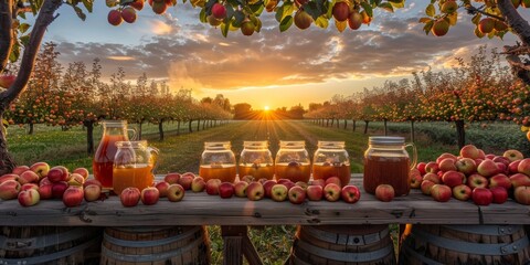 Apple harvest and fresh juice on a rustic wooden table