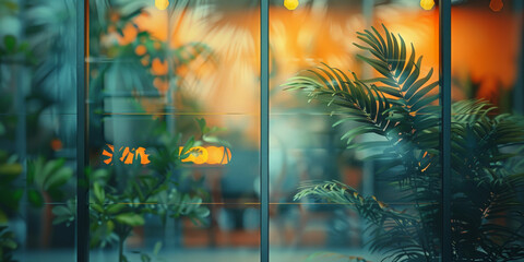 blurred glass office doors with interior glass door with plants in the background in modern office