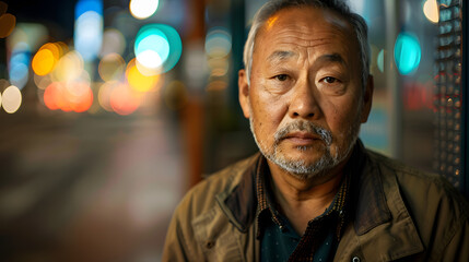 Close-up portrait of a asian middle age man in a city street scene