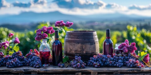Ripe grapes and wine bottles on a wooden table, with a scenic vineyard backdrop bathed in the warm glow of the sunset. - obrazy, fototapety, plakaty