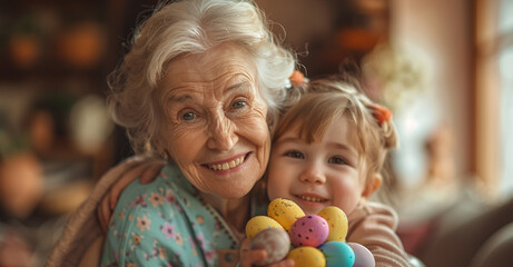 Grandmother and granddaughter paint Easter eggs - obrazy, fototapety, plakaty