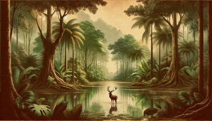 Fotobehang Landscape Forest wallpaper with tropical leaves And Deer . Hand Drawn Design. Luxury Wall Mural , wall art  , old vintage drawing , Watercolor  © MrJacki