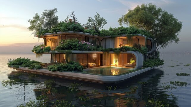 This eco-friendly pod house, adorned with lush rooftop gardens and reflecting on the tranquil water surface, redefines luxury living in harmony with nature.