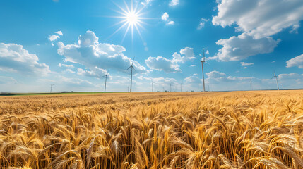 Golden wheat fields Under the radiant sun with wind turbines in the distance