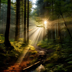 Sunlight streaming through dense forest. 