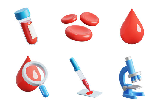 Blood Analysis, 3d icon set. Blood Tube, Erythrocytes, Blood Cells, Blood Drop, Magnifying Glass, Blood Pipette on Glass Slide, Microscope. 3D object on a transparent background