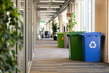 a workplace with eco-friendly initiatives, such as recycling bins and energy-efficient lighting.