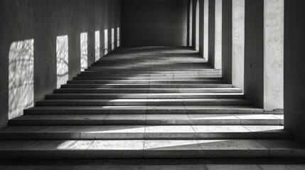 Black and white image capturing the stark contrast of shadows and light over a flight of outdoor stairs.