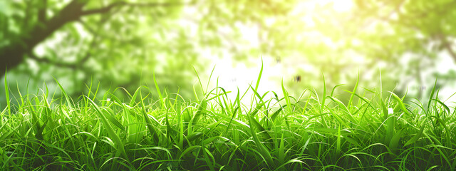 A dewy green grass meadow bathed in warm morning sunlight - obrazy, fototapety, plakaty