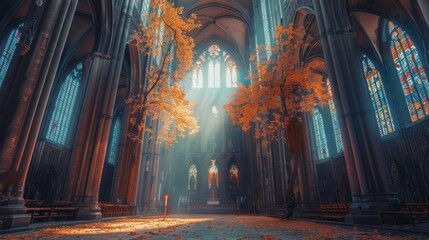 Sunlight filters through the stained glass windows of a Gothic cathedral, casting a warm, ethereal glow on the autumn leaves scattered across the floor.