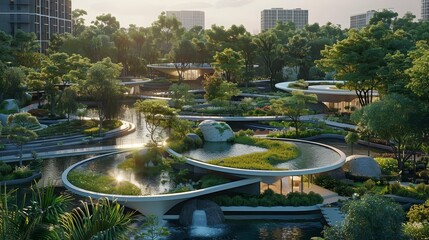 An eco-friendly urban park with futuristic curved pathways, lush vegetation, and integrated water features, set against a backdrop of skyscrapers.