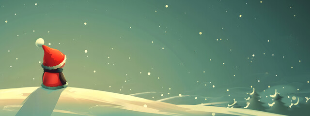 A festive New Year's background with a child boy wearing Santa Claus suit, snow fall on green background banner wallpaper.	
