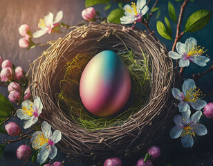 Easter egg in the nest and spring flowers, top view