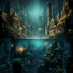 Surreal underwater cityscape.