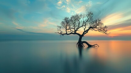 Sunset over the river with leafless trees on the lake. leafless dry tree in water, Alone, loneliness - obrazy, fototapety, plakaty