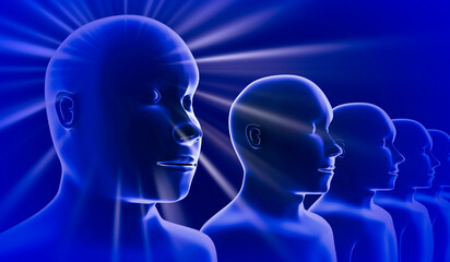 Geometrical men faces  and rays of light - 3D illustration