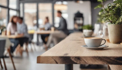 Relaxation lounge, cafe area in co-working building. Closeup to empty wooden table with chairs and blurred background with barista serving organic drinks - obrazy, fototapety, plakaty