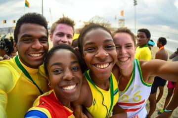 A group of happy, smiling, diverse Olympic athletes take pictures, take selfies together