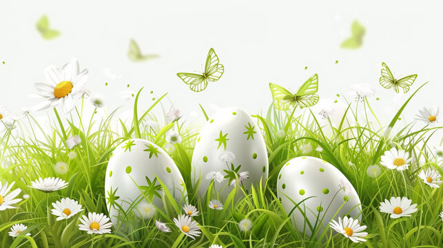 Vector element for design. Easter eggs in green grass with white flowers, butterflies isolated on white background.