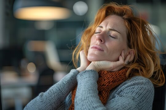 A woman experiencing office syndrome.Feeling tired, headache and experiencing office syndrome after working on a laptop computer causing neck pain, back pain, shoulder pain or office syndrome.