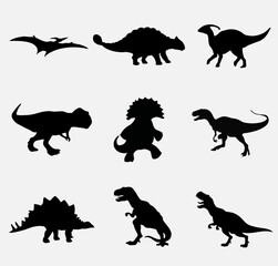 Set silhouettes of dinosaurs. Vector illustration group of black dinosaur silhouette icons isolated on white. Logo side view