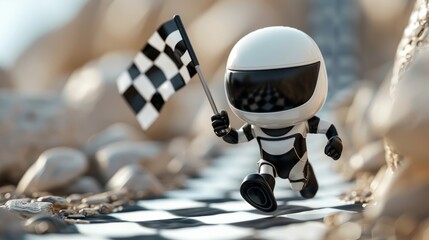 Three-dimensional cartoon human cubs with checkered flags in motion