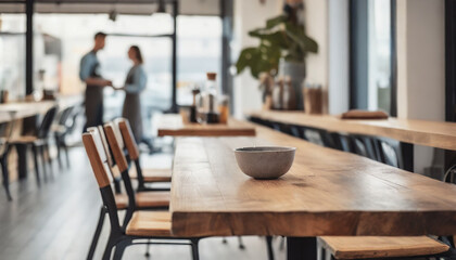 Relaxation lounge, cafe area in co-working building. Closeup to empty wooden table with chairs and blurred background with barista serving organic drinks