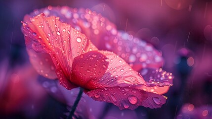 poppy flower in red and pink with rain droplets, in the style of dark purple and light orange - Powered by Adobe