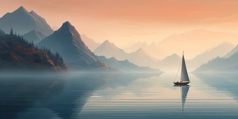 Deurstickers A serene image of a sailboat gliding over calm waters with misty hills in the background © Влада Яковенко