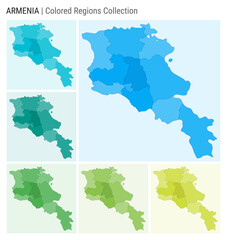 Armenia map collection. Country shape with colored regions. Light Blue, Cyan, Teal, Green, Light Green, Lime color palettes. Border of Armenia with provinces for your infographic. Vector illustration.