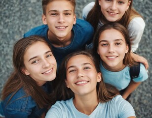 Fototapeta premium A group of young people are smiling and posing for a picture. Scene is happy and friendly