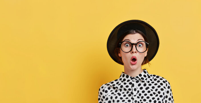 Stylish woman with surprised mysterious expression, wears stylish summer shades, hat and polka dot blouse, isolated over yellow background with copy space for your text. Relaxation banner, copy space