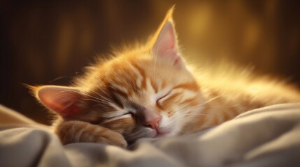 Cozy Happy striped kitten sleeps on bed at home. Empty copy space for text