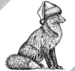 Vintage engraving isolated fox set dressed christmas illustration ink santa costume sketch. Wild animal background foxy animal silhouette new year hat art. Black and white hand drawn vector image - 750728568
