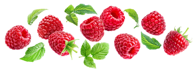Flying ripe juicy raspberries with leaves isolated on a white background.
