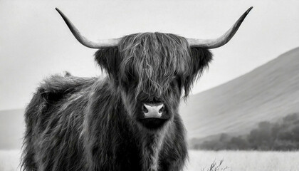 black and white scottish highland cow on the farm - obrazy, fototapety, plakaty