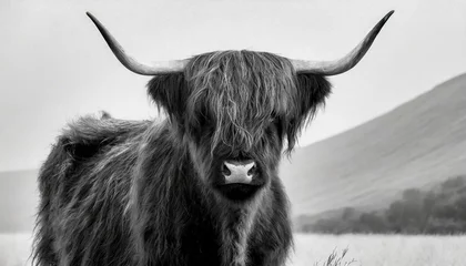 Foto op Canvas black and white scottish highland cow on the farm © Animaflora PicsStock