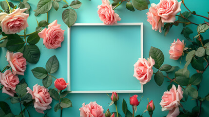 Romantic vintage empty frame with beautiful roses on teal blue background. Greeting card template, invitation or postcard for wedding, birthday, Valentine, Women's and Mother's day