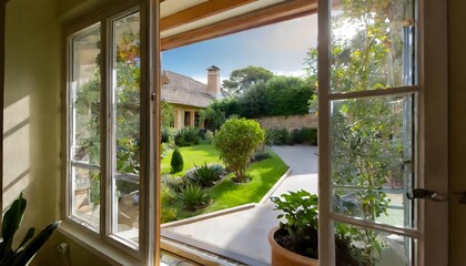 From an open window, a relaxing view of a well-kept garden and a beautiful cottage.